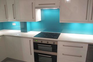 Lagoon blue coloured glass splashback