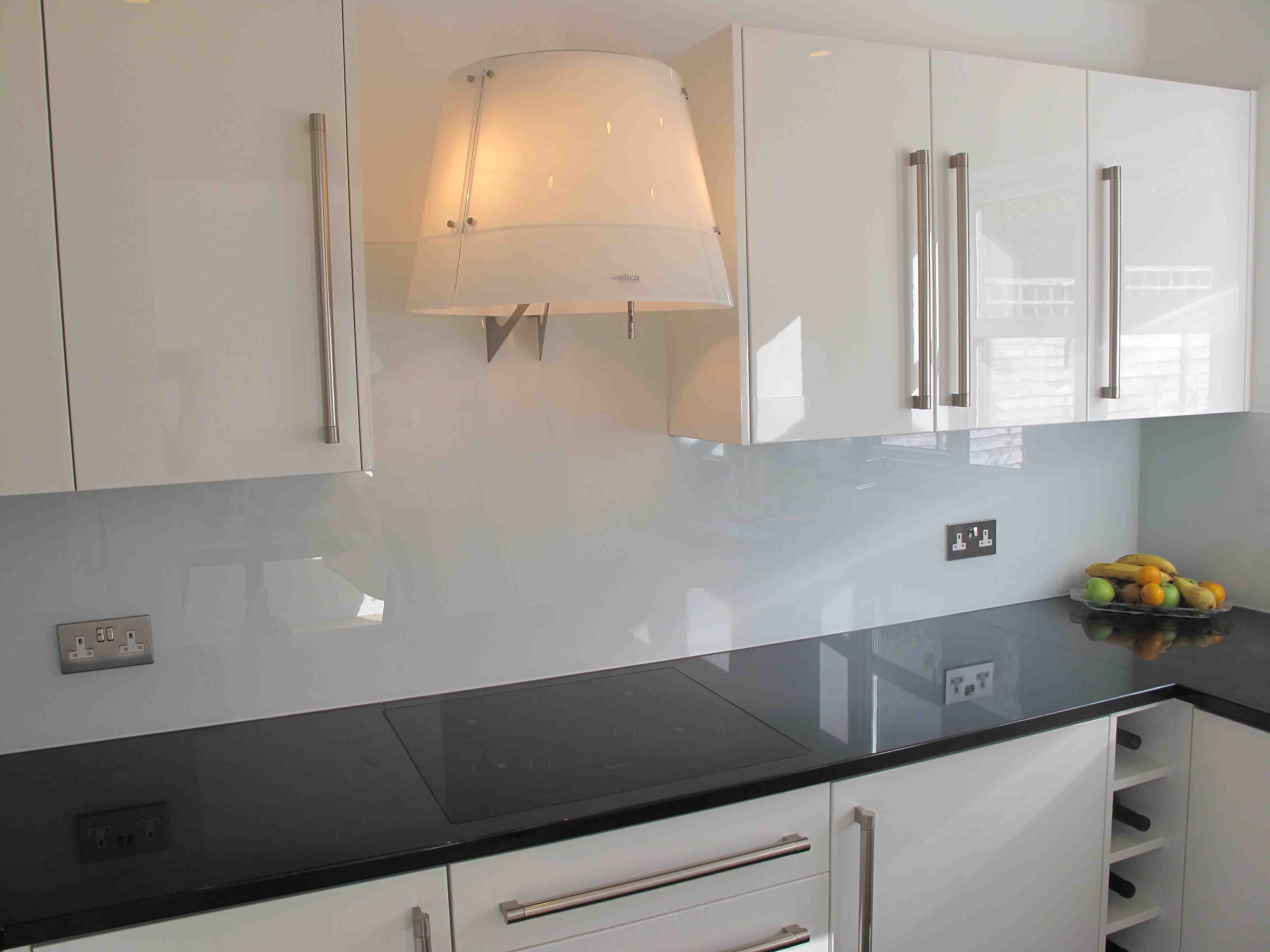 white glass splashback kitchen