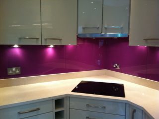 purple glass splashback for kitchen