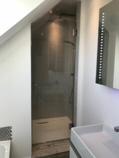 glass shower door sloping roof